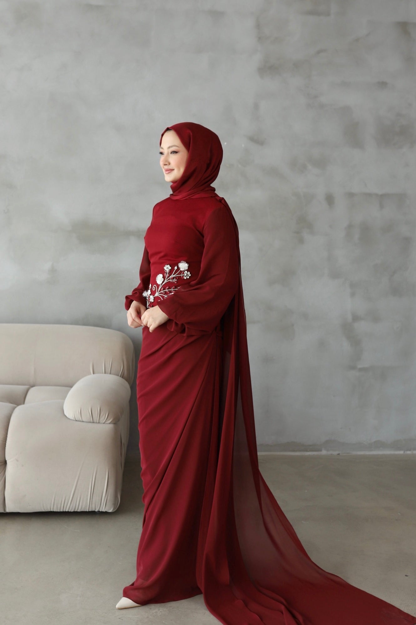 Alya Taş İşlemeli Şal Detaylı Abiye -bordo