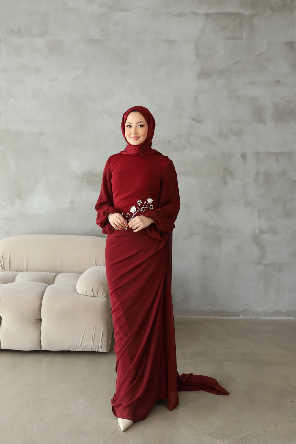 Alya Taş İşlemeli Şal Detaylı Abiye -bordo