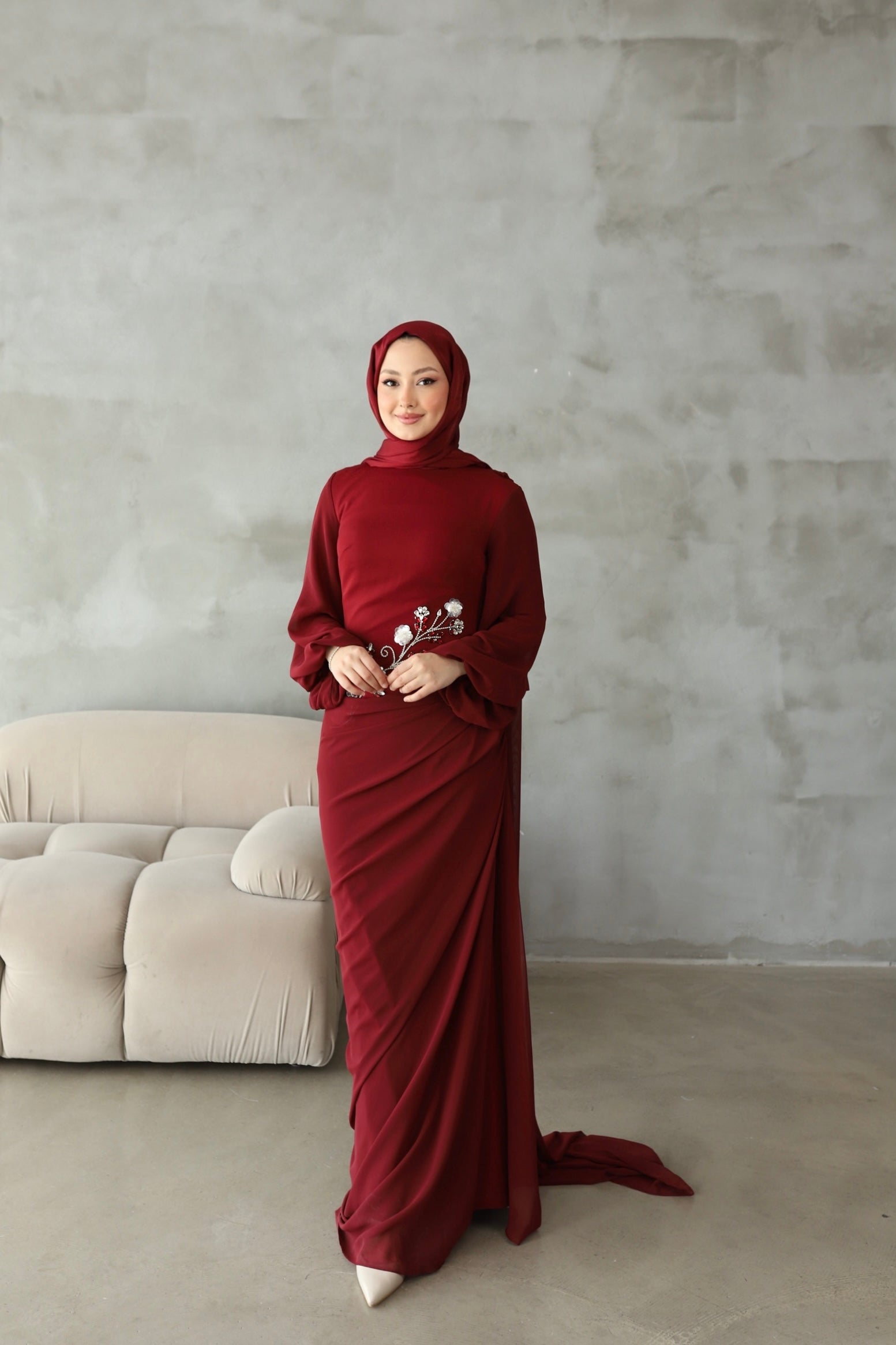 Alya Taş İşlemeli Şal Detaylı Abiye -bordo