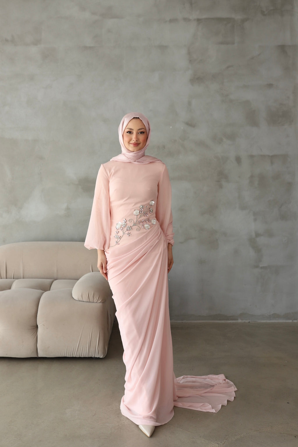 Alya Taş İşlemeli Şal Detaylı Abiye -pembe