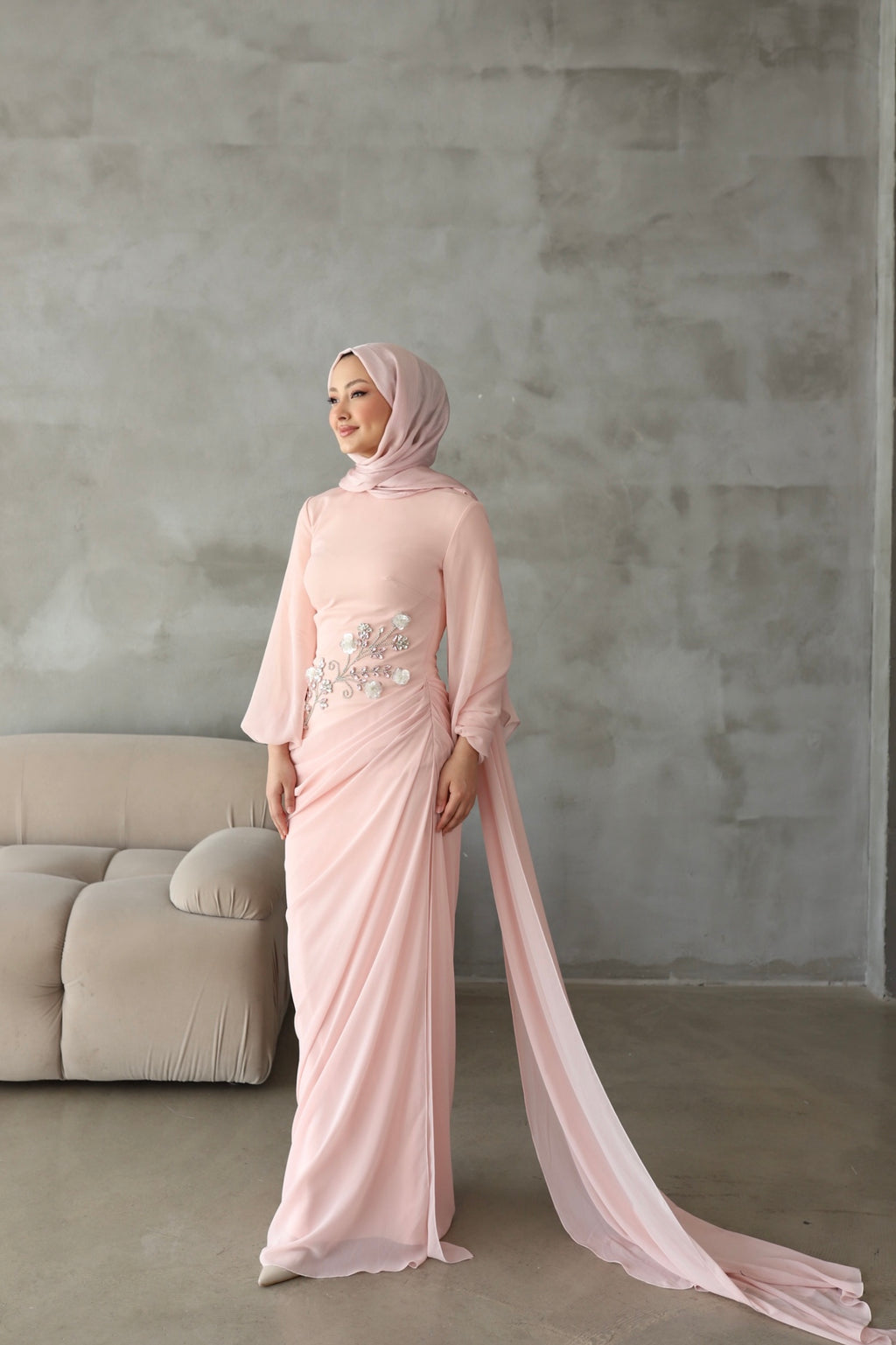 Alya Taş İşlemeli Şal Detaylı Abiye -pembe