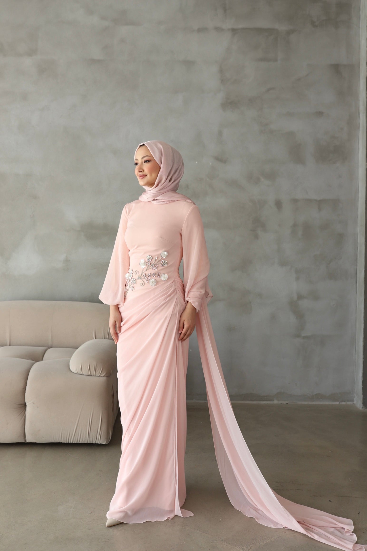 Alya Taş İşlemeli Şal Detaylı Abiye -pembe