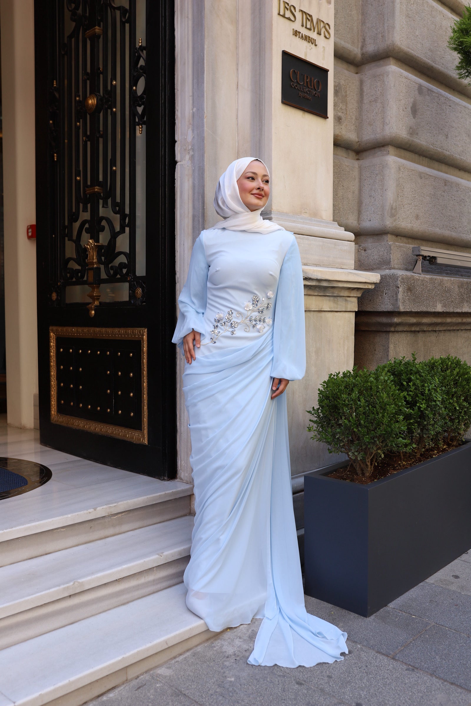 Alya Taş İşlemeli Şal Detaylı Abiye -bebe mavisi