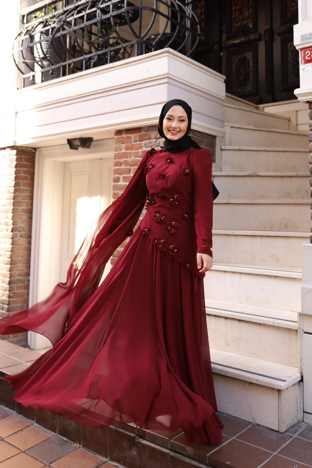 Gül detaylı  bella abaya-bordo
