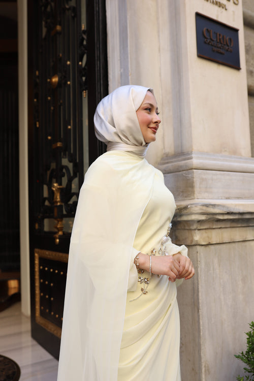 Alya Taş İşlemeli Şal Detaylı Abiye -limon sarısı
