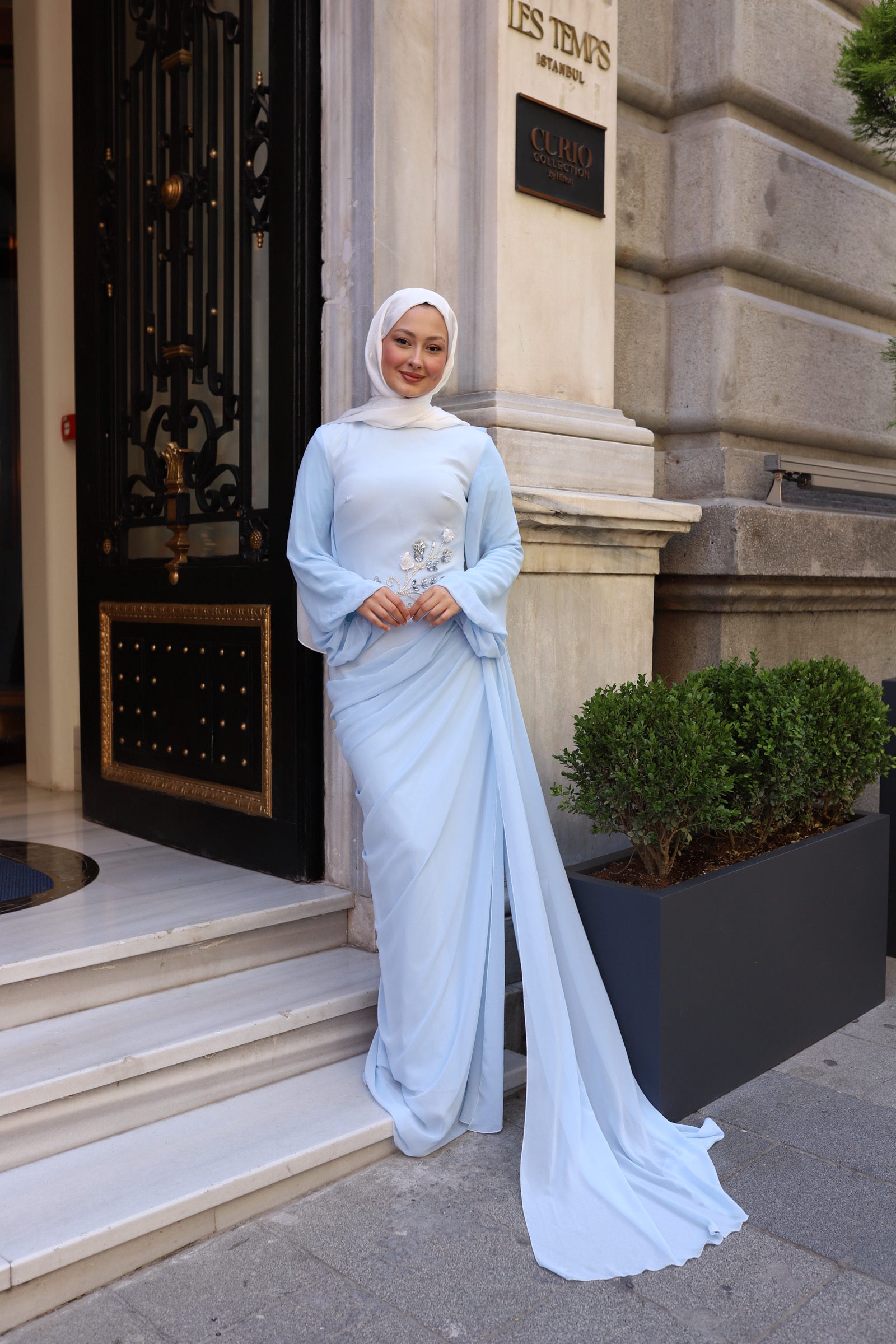 Alya Taş İşlemeli Şal Detaylı Abiye -bebe mavisi