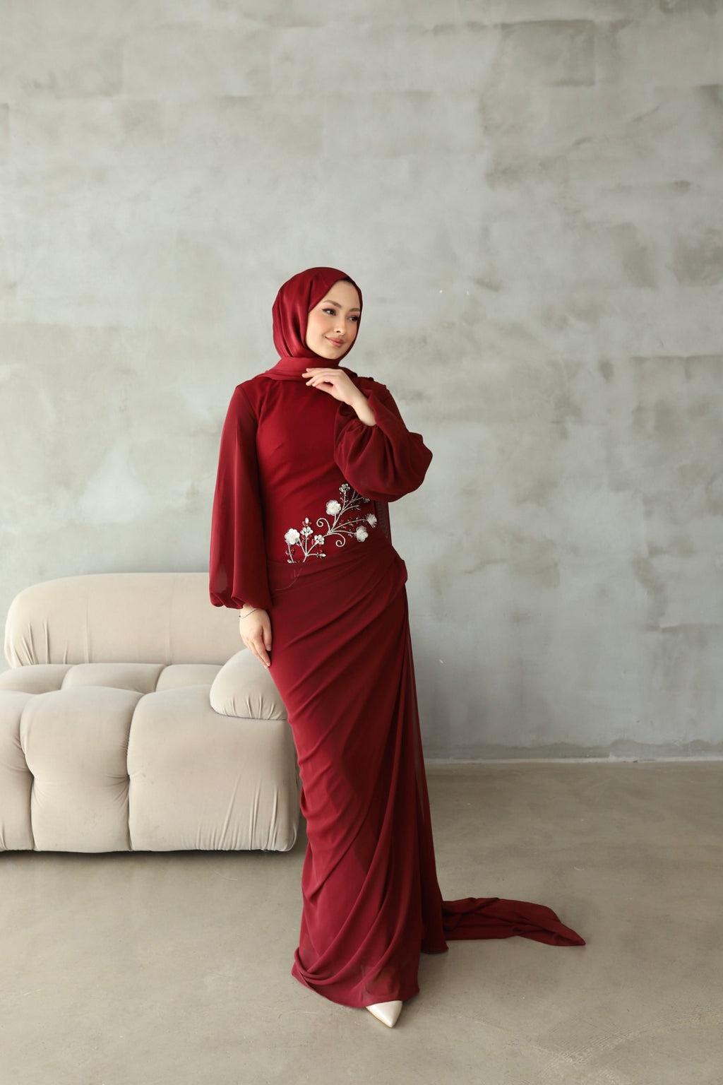 Alya Taş İşlemeli Şal Detaylı Abiye -bordo