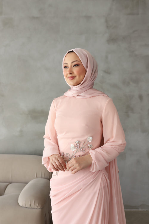 Alya Taş İşlemeli Şal Detaylı Abiye -pembe