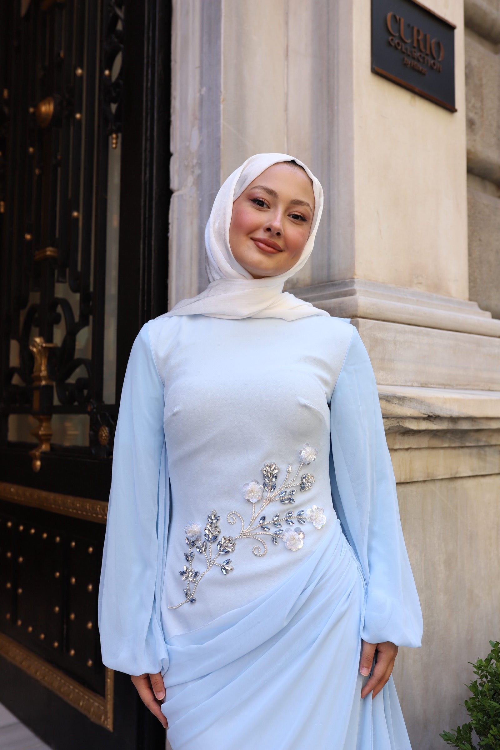 Alya Taş İşlemeli Şal Detaylı Abiye -bebe mavisi