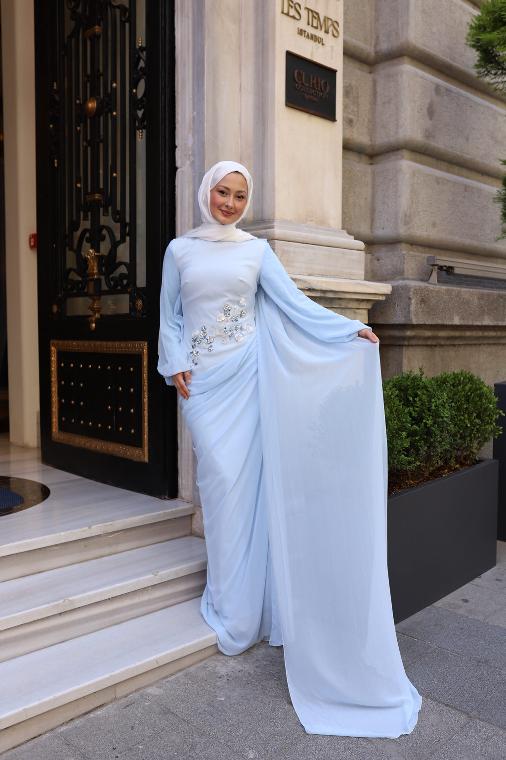 Alya Taş İşlemeli Şal Detaylı Abiye -bebe mavisi